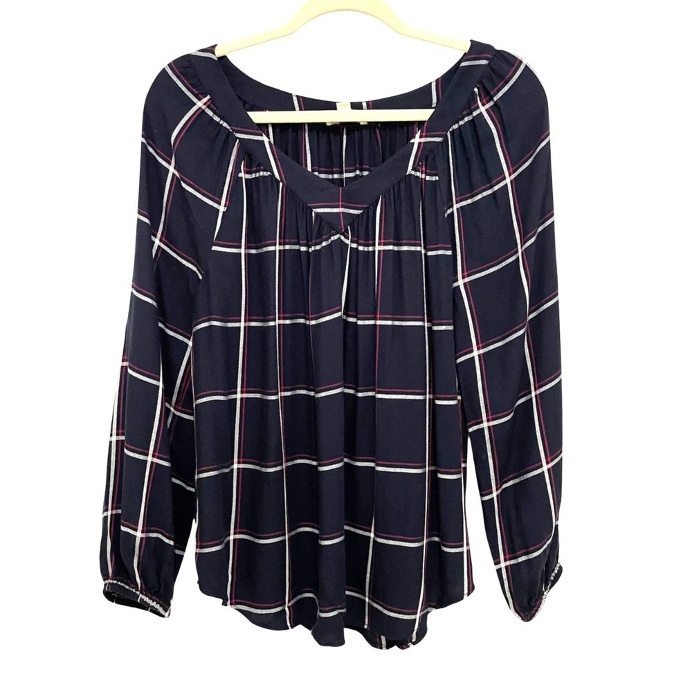 LOFT‎ Outlet Blouse Womens Medium Navy Blue Plaid V-Neck Long Sleeve Top